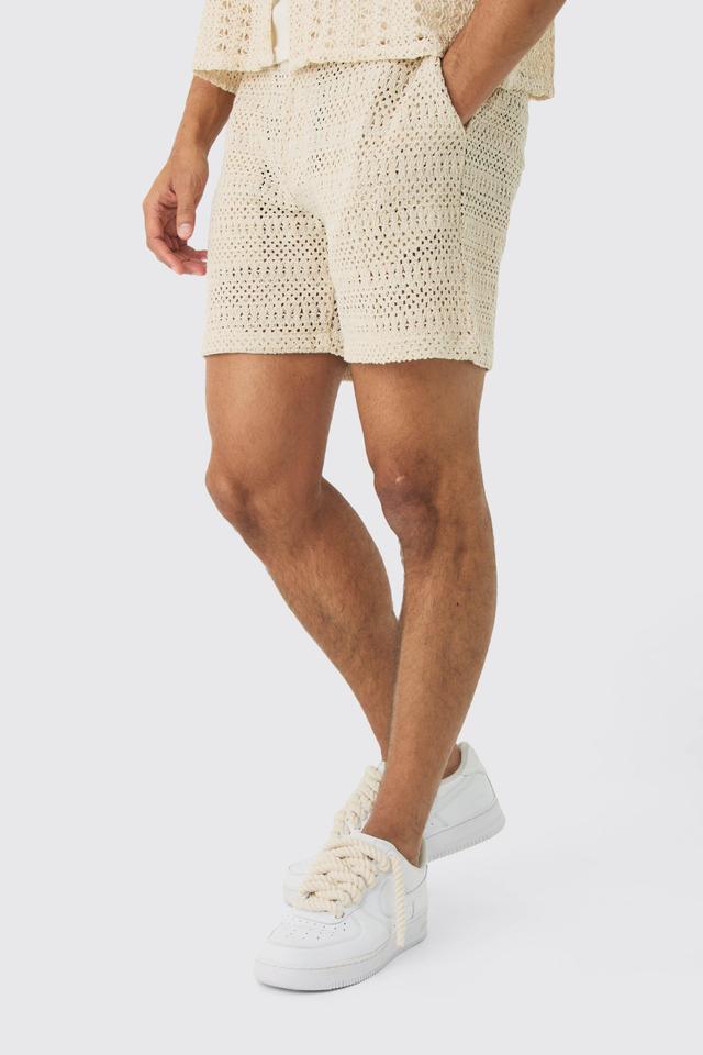 Mens Cream Elasticated Waist Crochet Bermuda Shorts, Cream Product Image