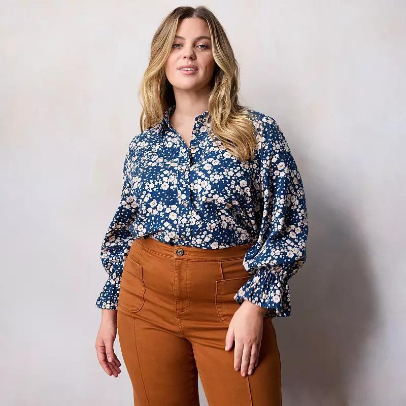 Plus Size LC Lauren Conrad Relaxed Shirt with Smocked Cuffs, Womens Red Randy Dots product image