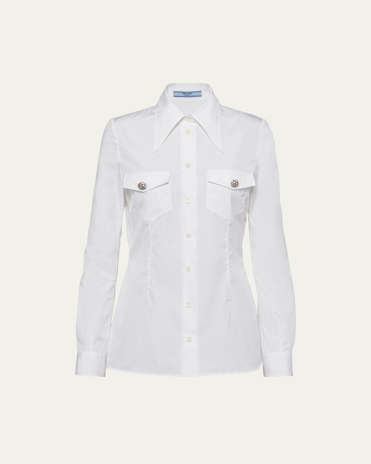 Poplin Long-Sleeve Top with Crystal Buttons Product Image