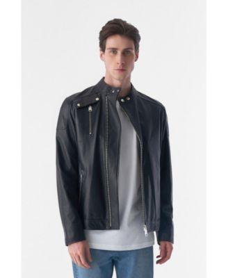 Men's Genuine Leather Snap Detail Jacket, Black Product Image