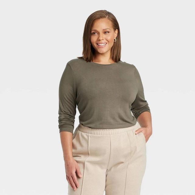 Womens Long Sleeve Brushed Knit T-Shirt - A New Day Olive 3X Product Image