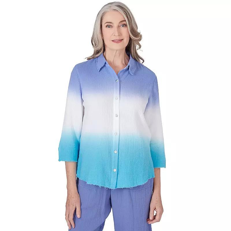 Petite Alfred Dunner Ombre Dip Dye Button Down 3/4-Sleeve Blouse, Womens Product Image