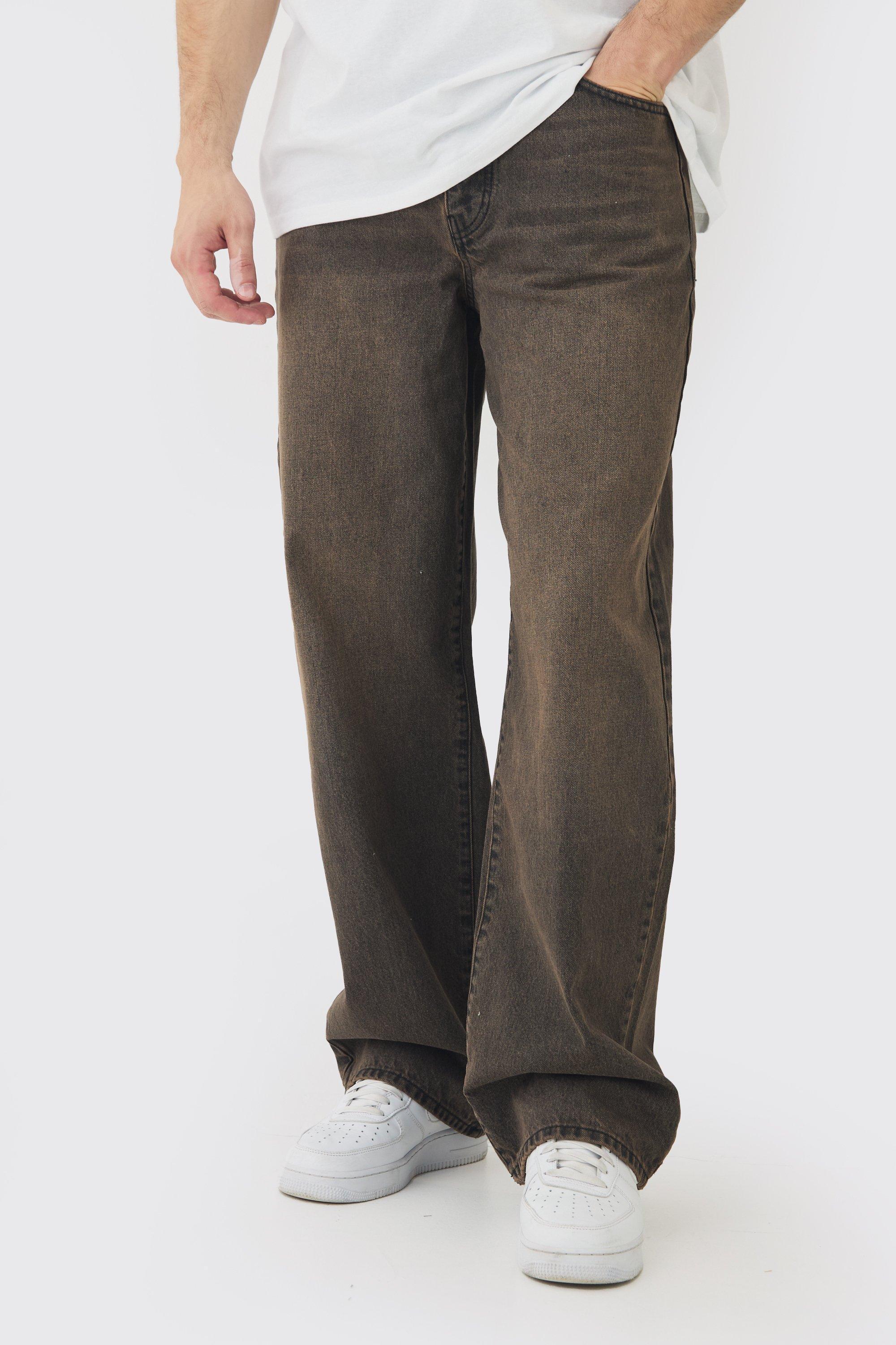 Mens Brown Tall Baggy Rigid Double Waistband Denim Jeans, Brown Product Image