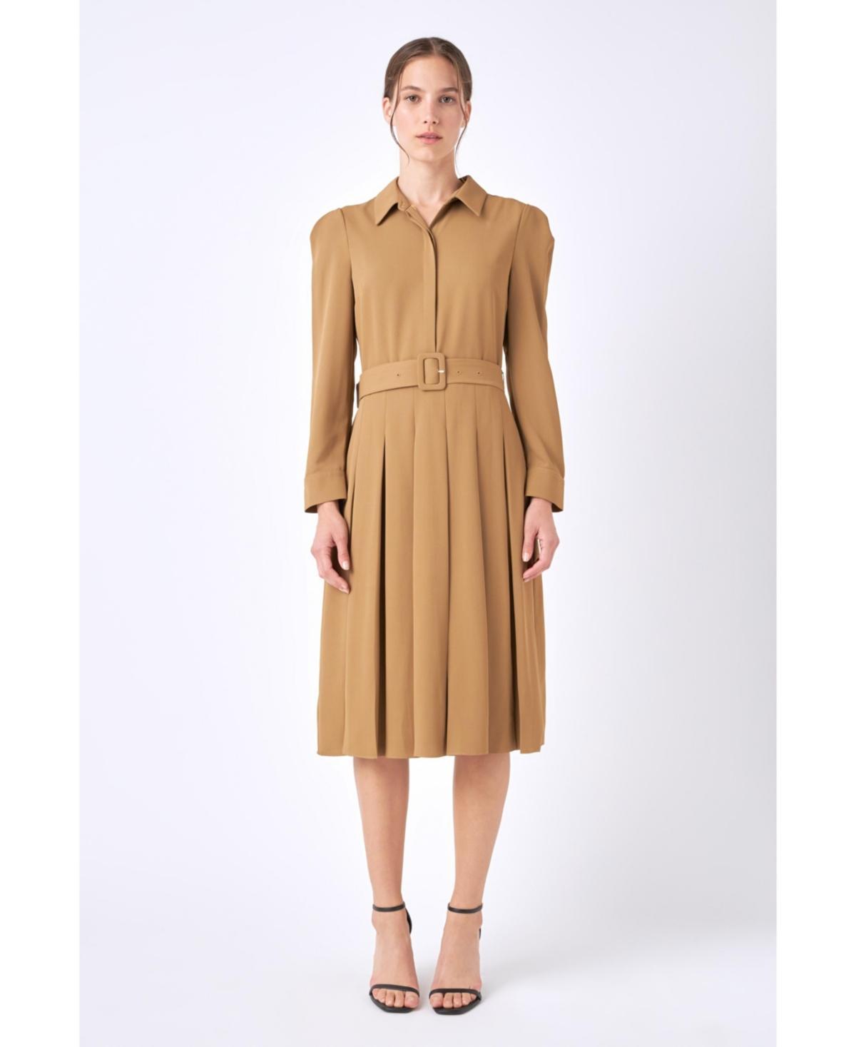 Womens Pleated Collared Long Sleeve Midi Dress product image