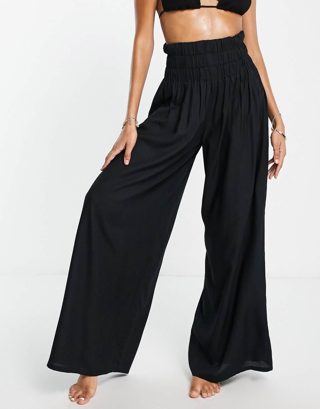 Esmee Exclusive shirred wide leg beach pants in black Product Image