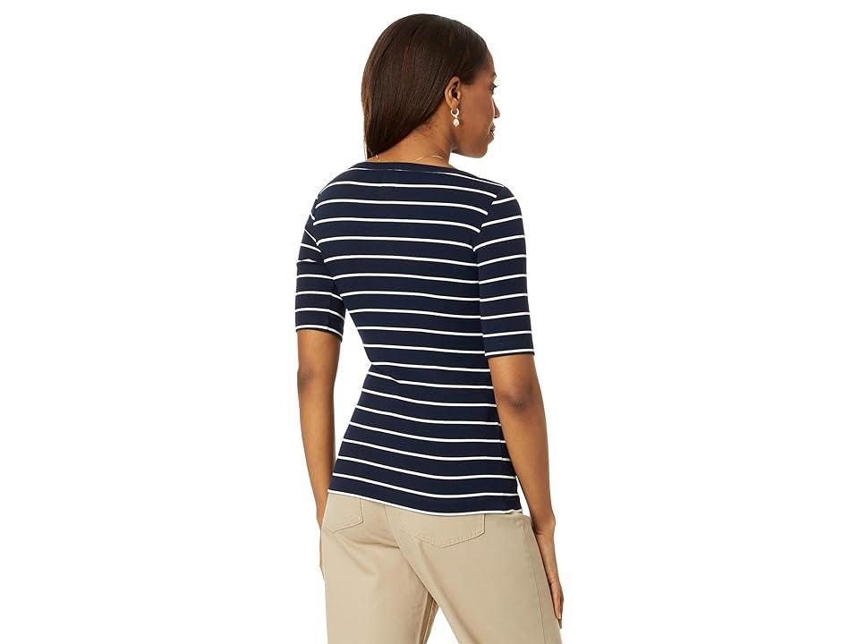 NIC+ZOE Wide Stripe Rib Knit Boatneck Tee (Indigo Multi) Women's Clothing Product Image