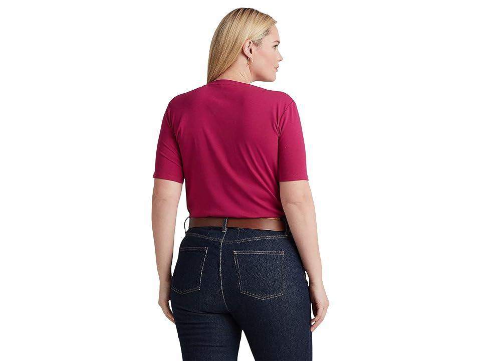 Lauren Ralph Lauren Plus Size Lace-Up Stretch Cotton Tee (Fuchsia Berry) Women's Clothing Product Image