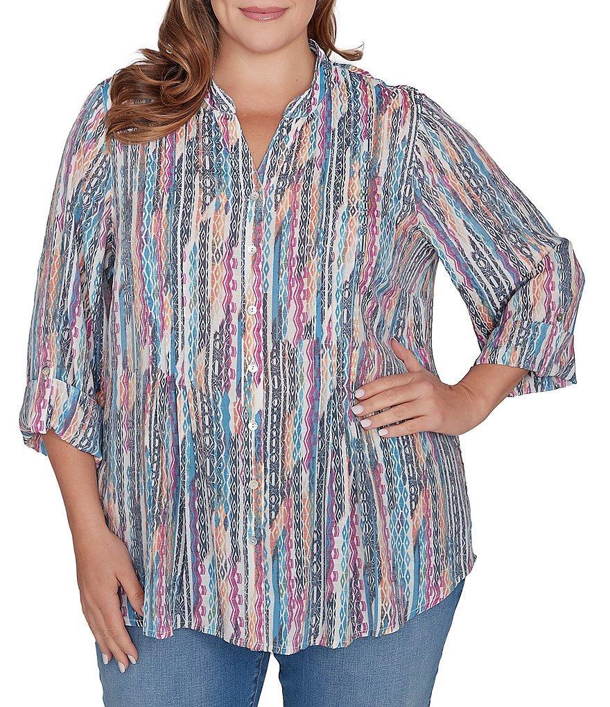 Ruby Rd. Plus Size Diamond Ikat Print Silky Soft Gauze Long Roll-Tab Sleeve Pintuck Detail Button-Down Blouse Product Image