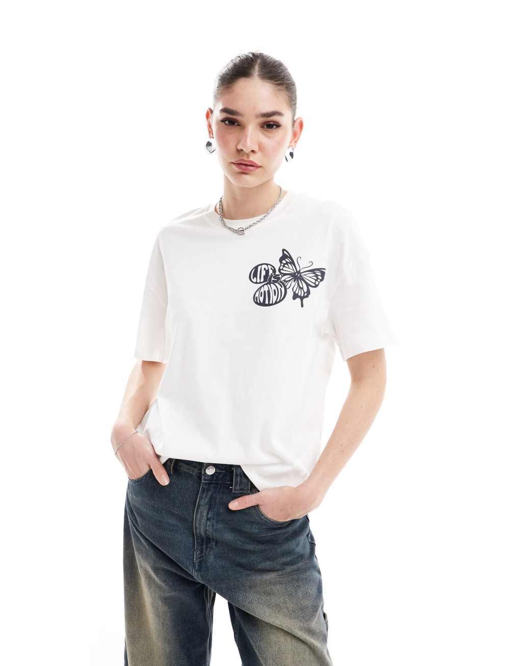 Bershka butterfly print oversized t-shirt in ecru Product Image