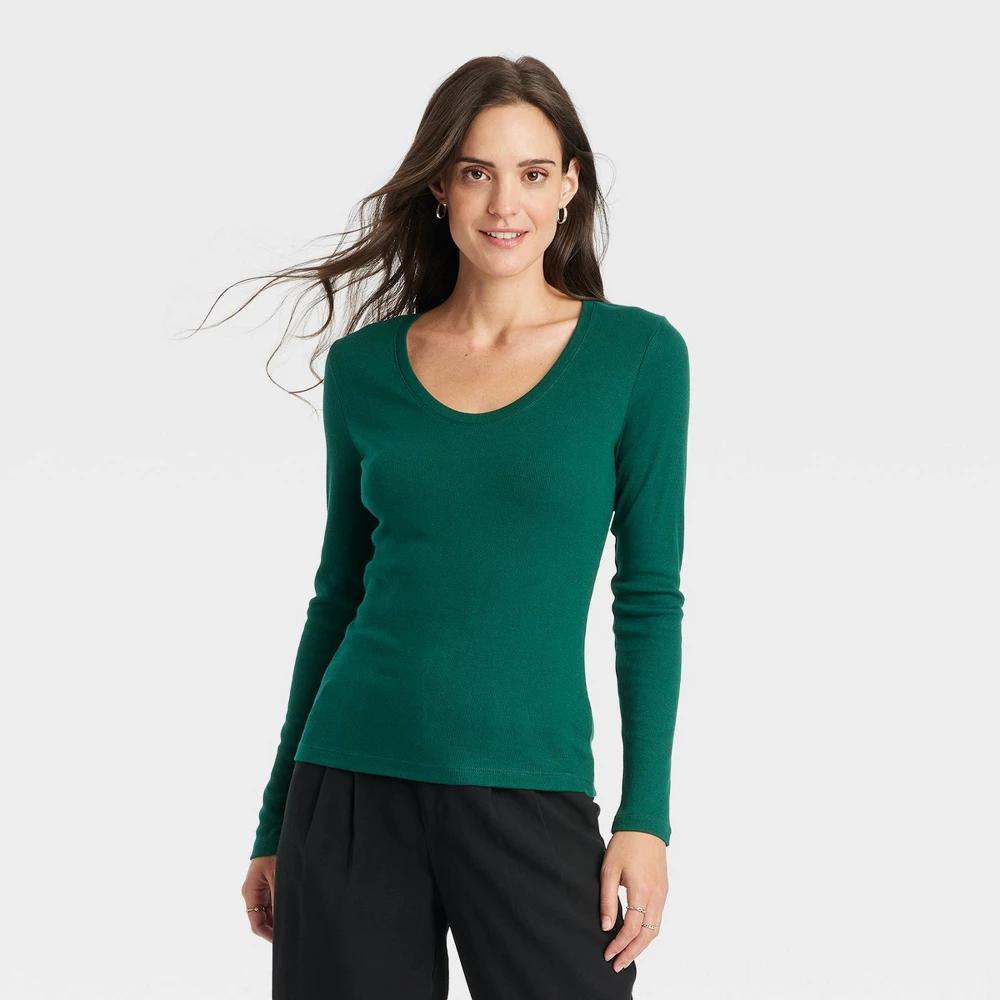 Womens Long Sleeve Scoop Neck Ribbed T-Shirt - A New Day L Product Image