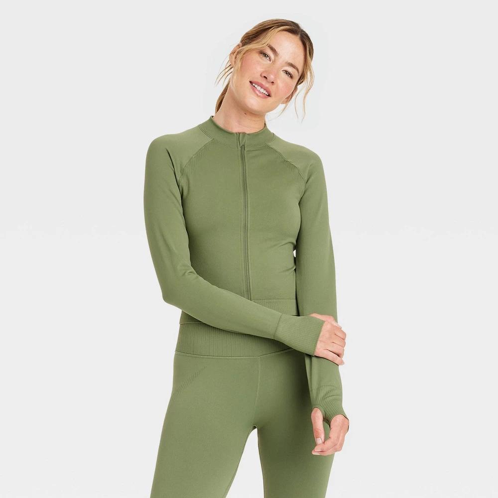 Womens Seamless Fitted Full Zip Jacket - JoyLab Olive M Product Image