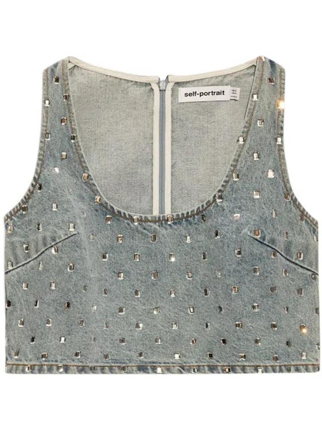 Self Portrait Denim Top Embellished With Rhinestones In Burgundy Product Image