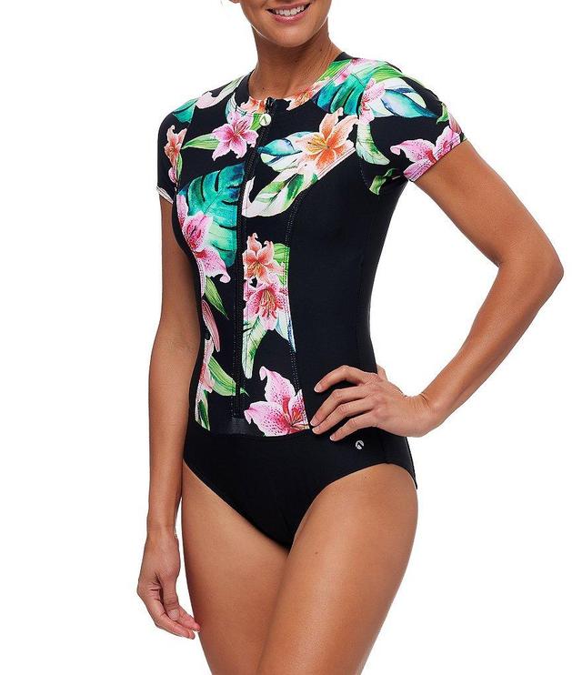 Next by Athena Keoki Palms Tropical Floral Print Zip Front Short Sleeve One Piece Swimsuit Product Image