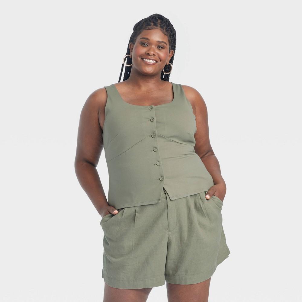 Womens Button-Front Tank Vest - A New Day Olive 4X Product Image