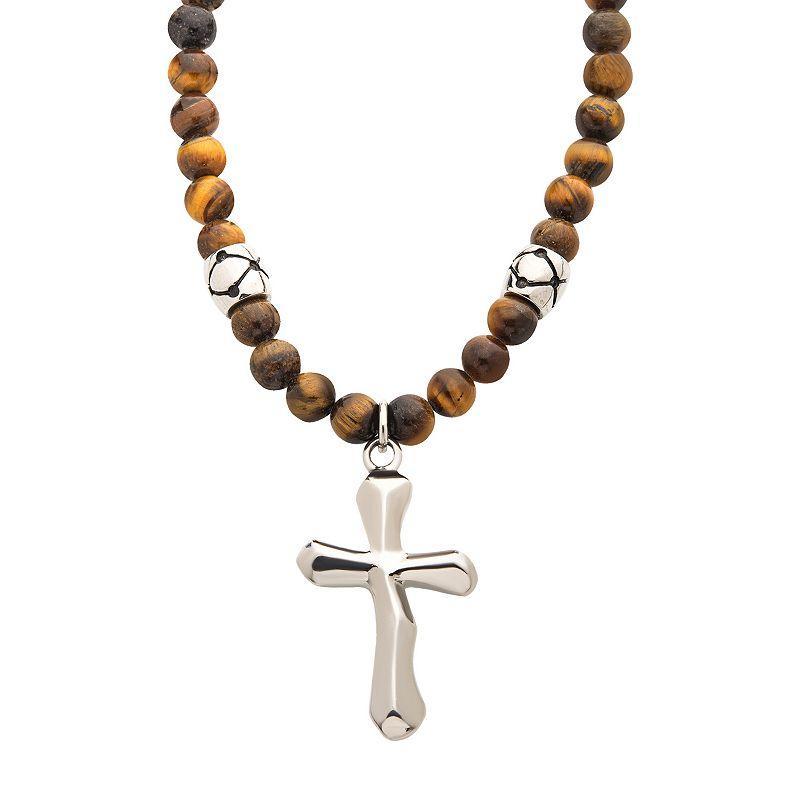 Mens Tigers Eye Beads & Silver Tone Cross Pendant Necklace Multicolor Product Image