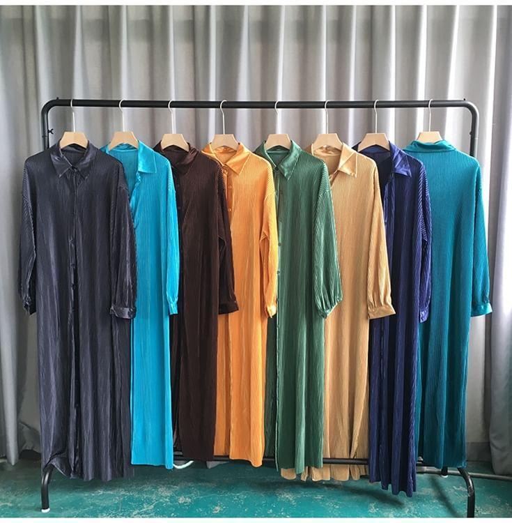 Long-Sleeve Button-Up Plain Maxi Dress Product Image