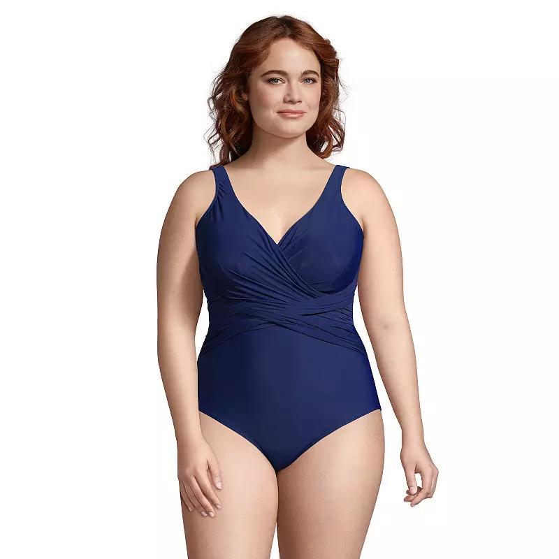 Plus Size Lands End SlenderSuit DDD-Cup Surplice One-Piece Swimsuit, Womens Blue Product Image