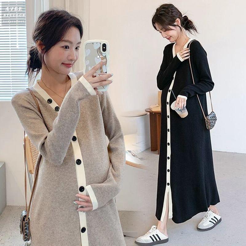 Maternity Long-Sleeve V-Neck Contrast Trim Button Front Midi A-Line Knit Dress Product Image