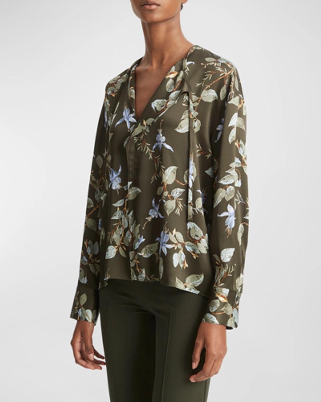 Floral Silk Draped Tie-neck Blouse In Eden Product Image