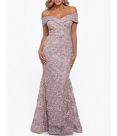 Xscape Embroidered Off-the-Shoulder Short Sleeve Lace A-line Gown Product Image