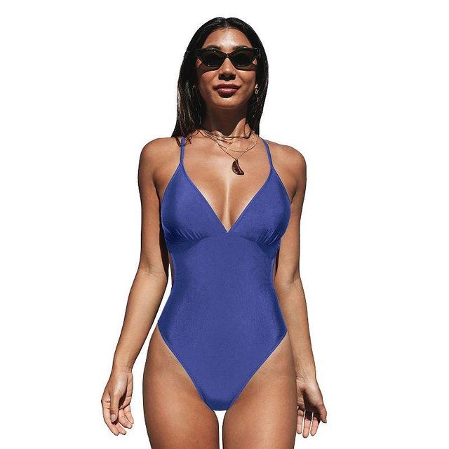 Womens CUPSHE Ruched Cut-Out High-Cut One-Piece Swimsuit Blue Product Image