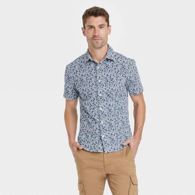 Mens Floral Print Slim Fit Short Sleeve Collared Button-Down Shirt - Goodfellow & Co Amsterdam Blue XL Product Image