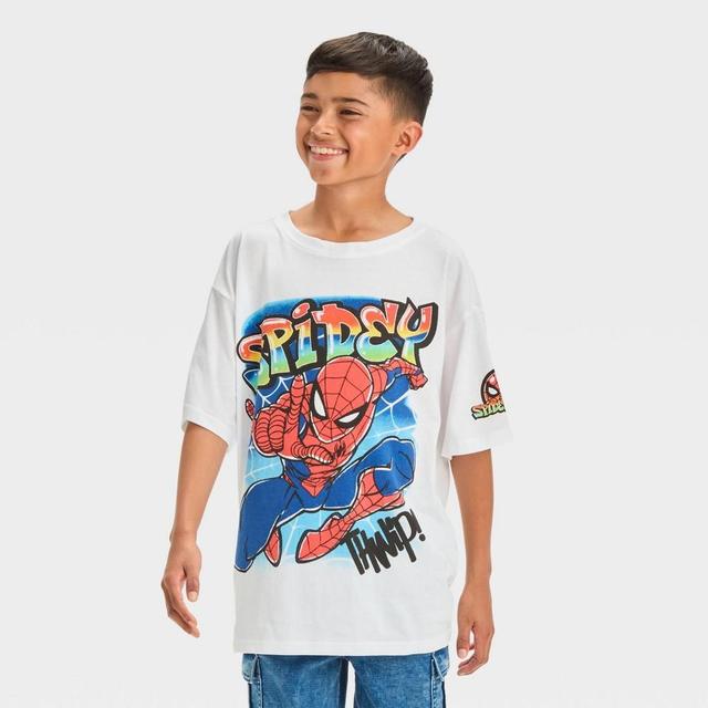 Boys Spider-Man Drop Shoulder Graffiti Short Sleeve Graphic T-Shirt - White Product Image