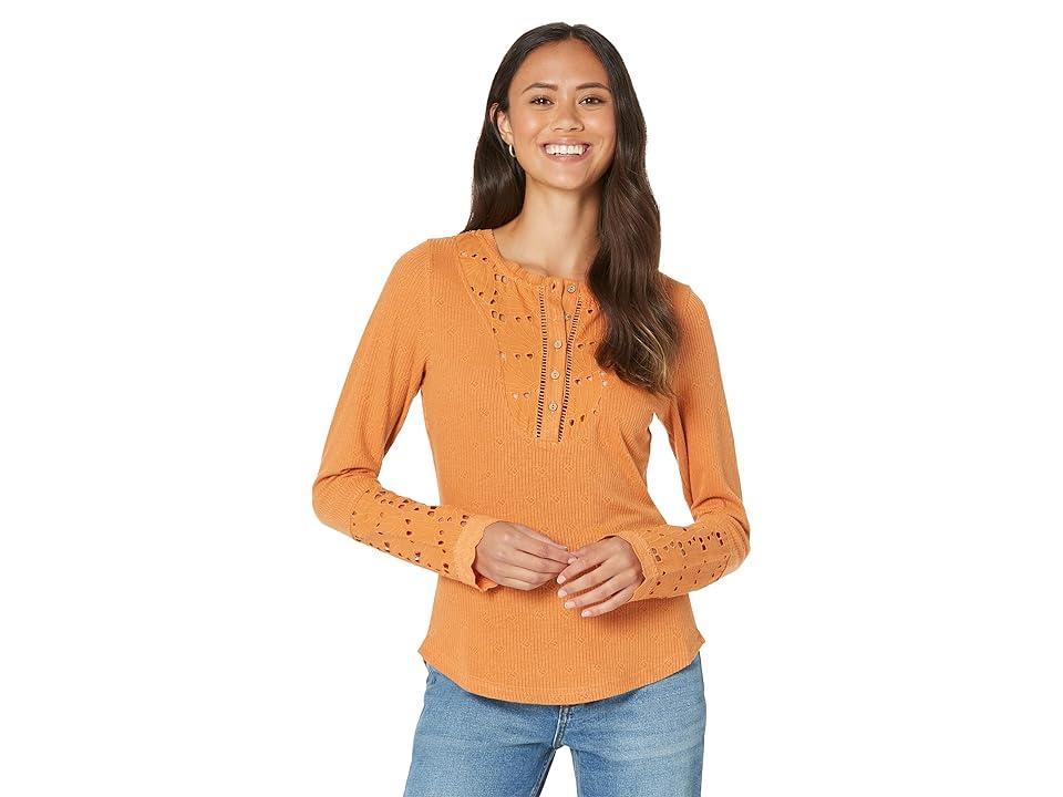 Miss Me Eyelet Long Sleeve Knit Top (Rust Orange) Women's Clothing Product Image