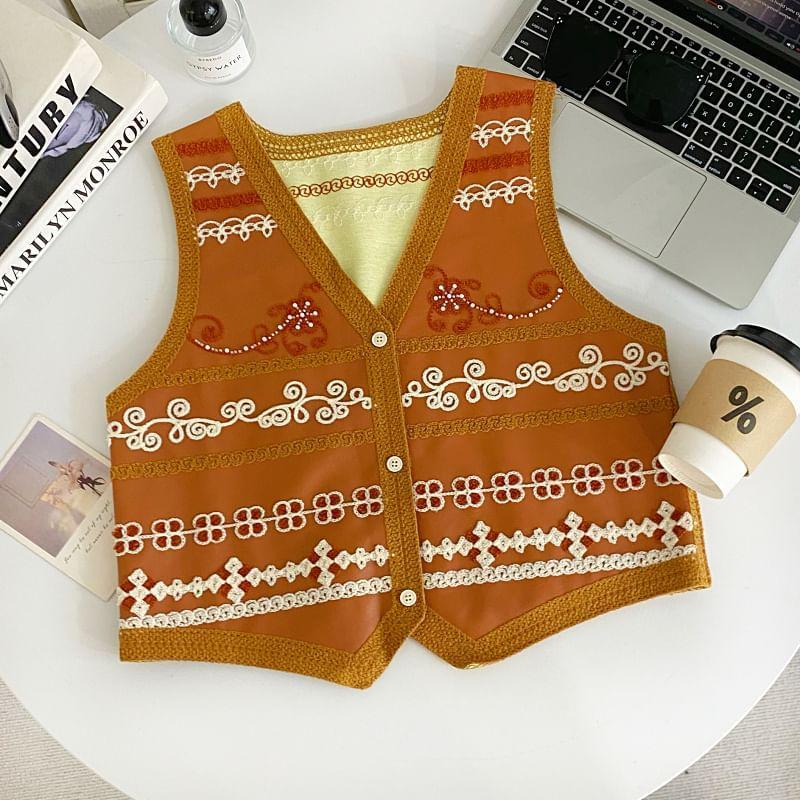 V-Neck Floral Embroidered Button-Up Faux Leather Crop Vest Product Image