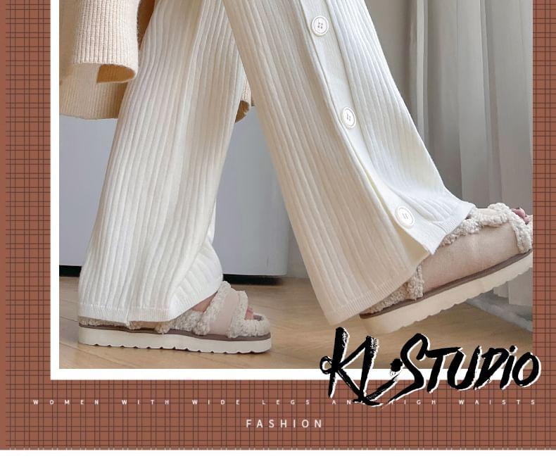 High Rise Buttoned Side Plain Knit Wide Leg Pants Product Image