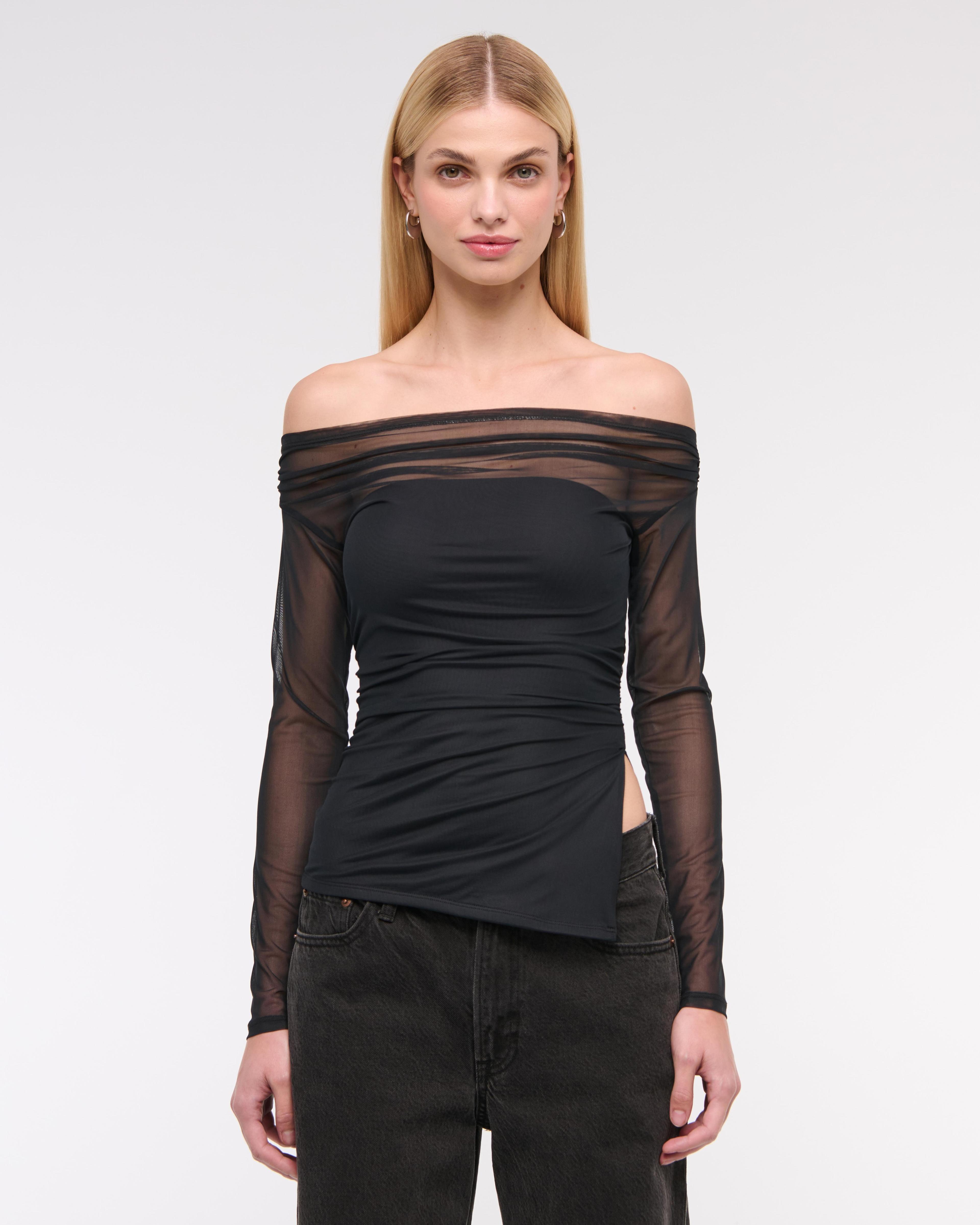 Off-The-Shoulder Draped Mesh Top Product Image