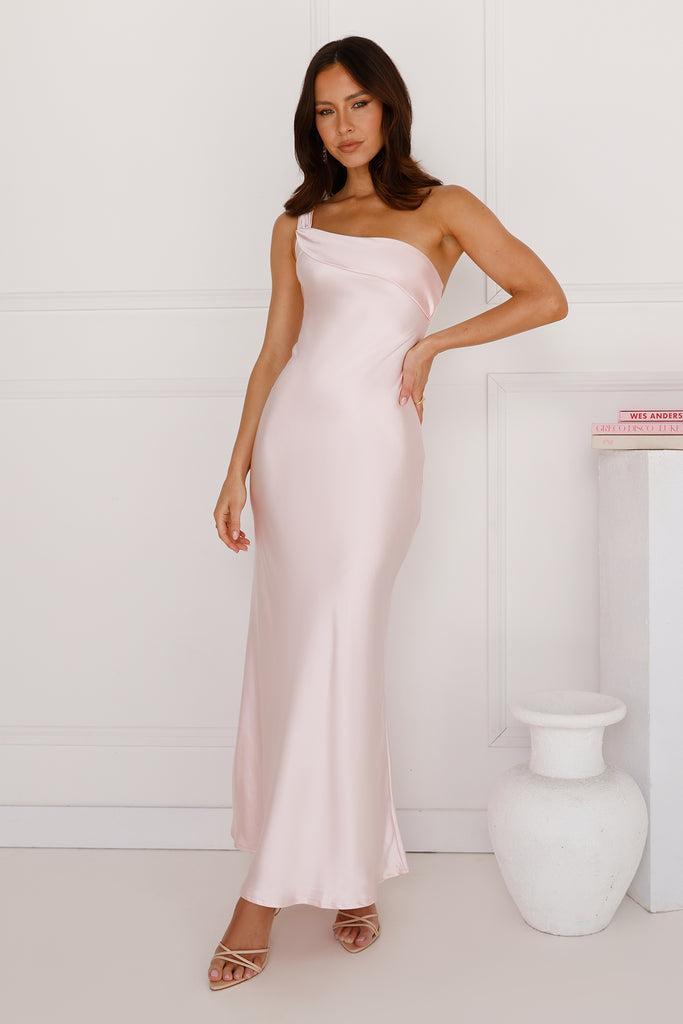 Romantic Tales Satin One Shoulder Maxi Dress Pink Product Image