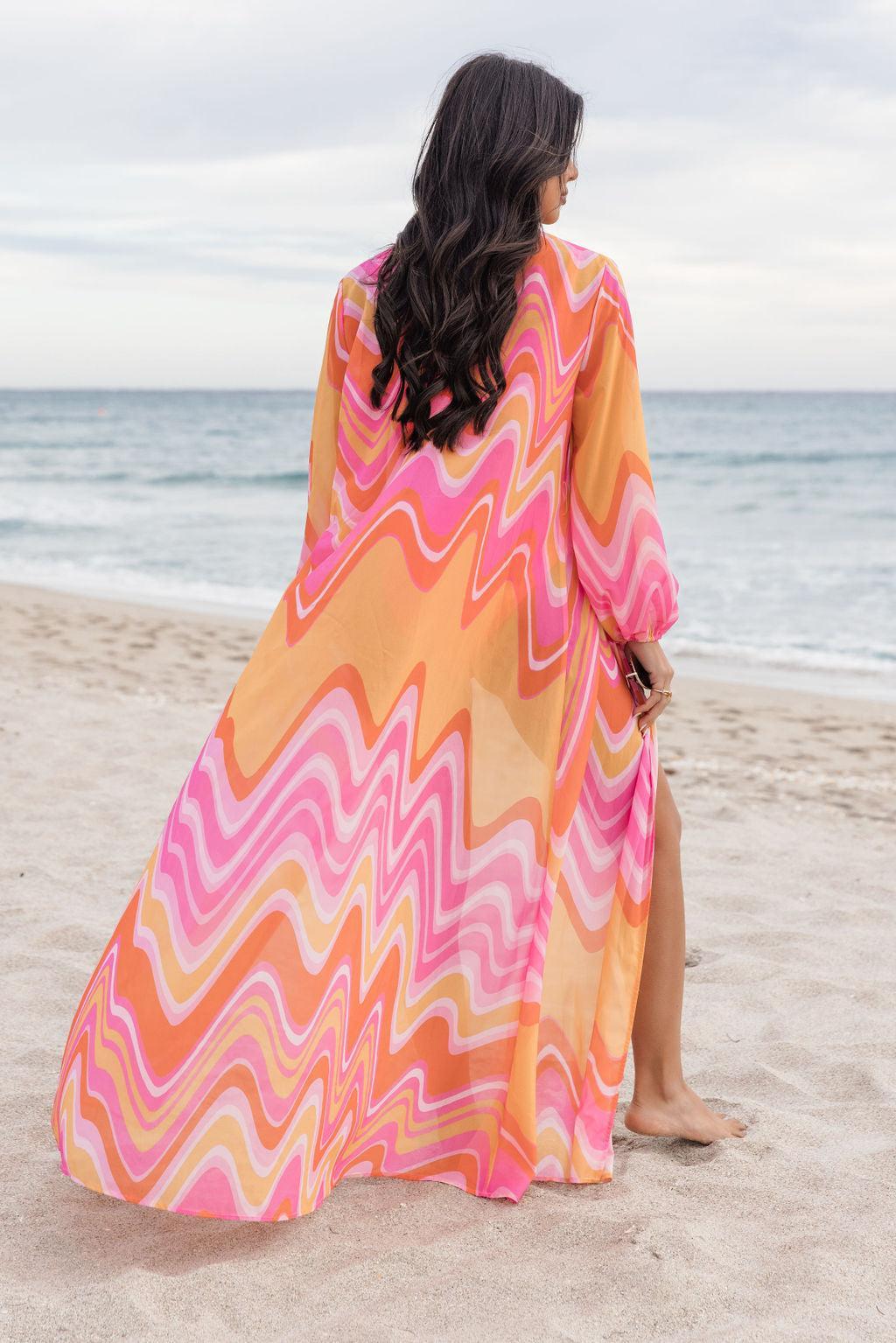 Eyes On Paradise in Serenity Swirl Pink and Orange Swirl Belted Kimono Cover Up Product Image