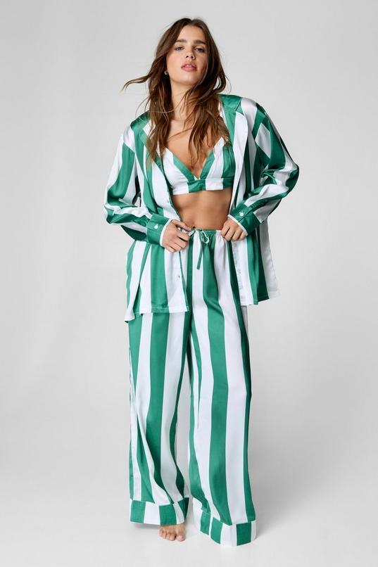 Satin Oversized Shirt, Bralet And Trouser 3pc Pajama Set Product Image