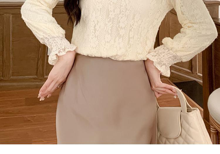 Long Sleeve Stand Collar Plain Lace Blouse Product Image