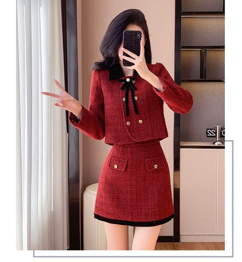 Set: Tweed Double-Breasted Jacket + High Rise Mini A-Line Skirt Product Image