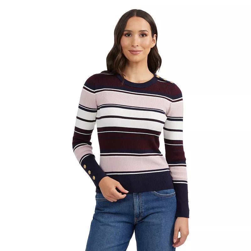 Womens Ellen Tracy Crewneck Button Shoulder Rib Sweater Red Team Stripe Product Image