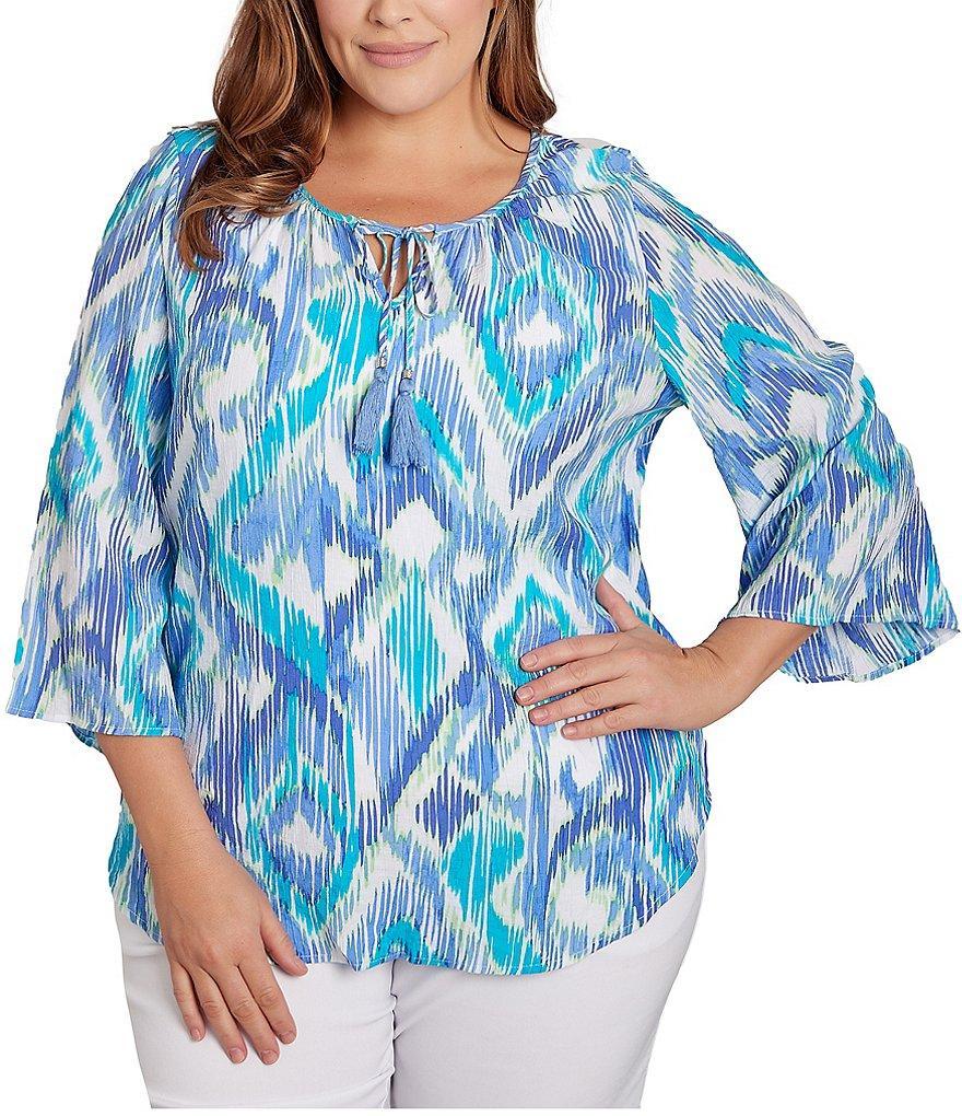 Ruby Rd. Plus Size Polynesian Gauze Ikat Tassel Ties Split Round Neck 3/4 Sleeve Top Product Image