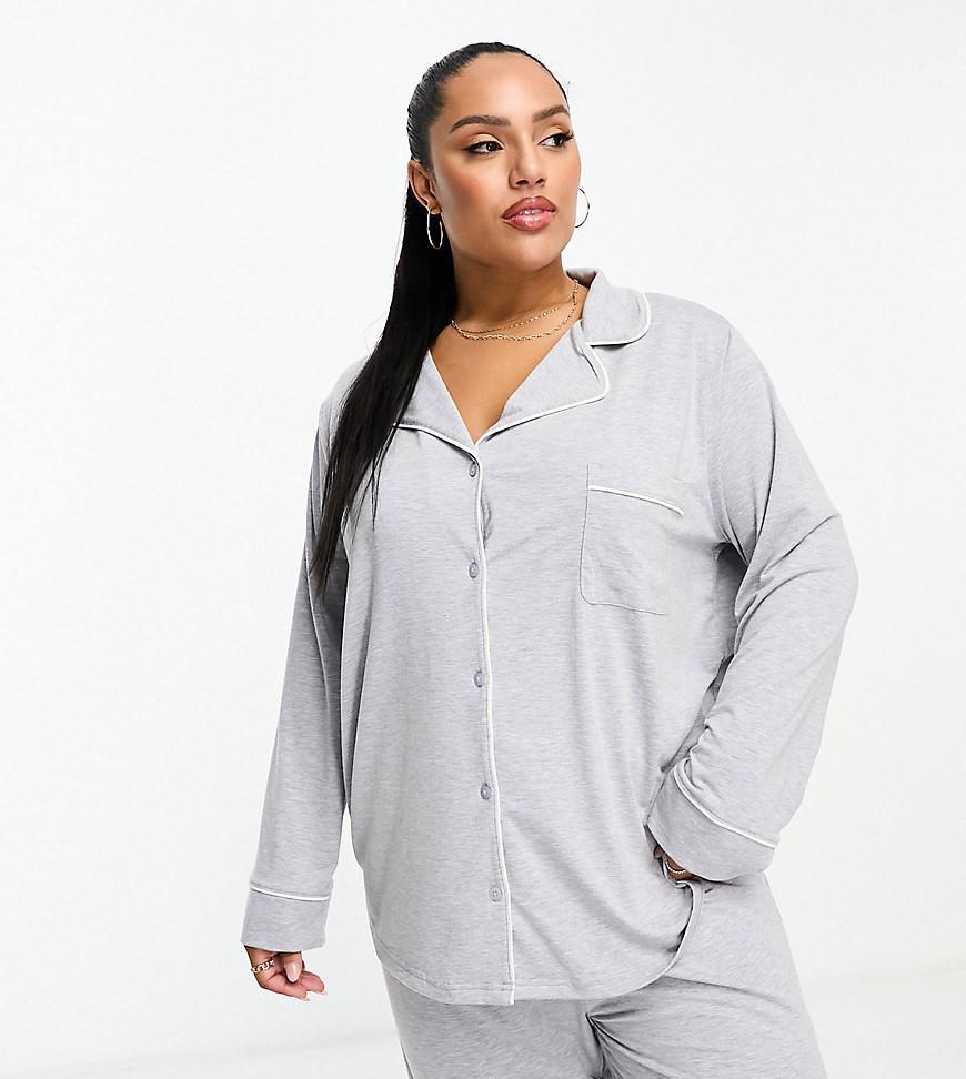 ASOS DESIGN Curve soft jersey long sleeve shirt & pants pajama set with contrast piping Product Image