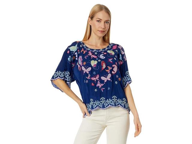 JOHNNY WAS Bellona Floral and Butterfly Embroidered Motif Soft Woven Boat Neck Short Sleeve Top -  M Product Image