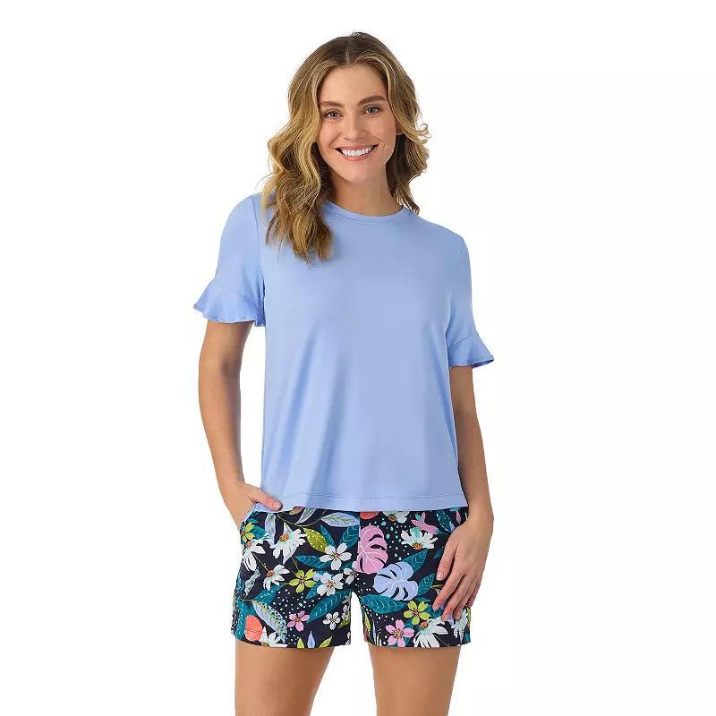 Womens Cuddl Duds Cozy Short Sleeve Pajama Top & Pajama Boxer Shorts Set Blue Team Blossom Product Image