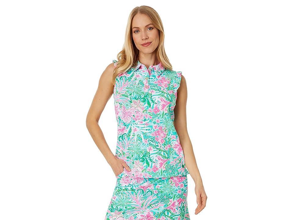 Lilly Pulitzer Frida Sleeveless Ruffle Polo (Amalfi Blue Leaf It Wild) Women's Clothing Product Image