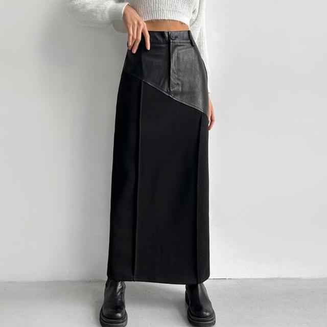 High Rise Plain Faux Leather Panel Slit Maxi Straight Skirt Product Image