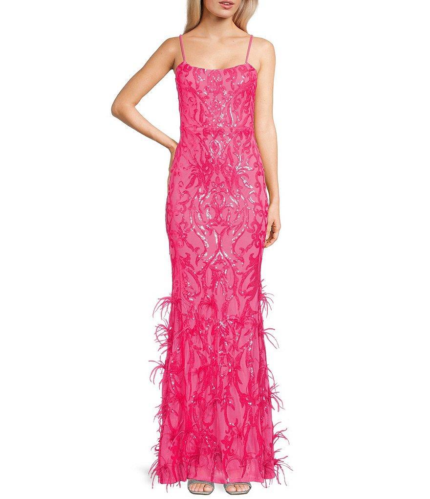 City Vibe Spaghetti Strap Scoop Neck Sequin Feather Long Dress Product Image