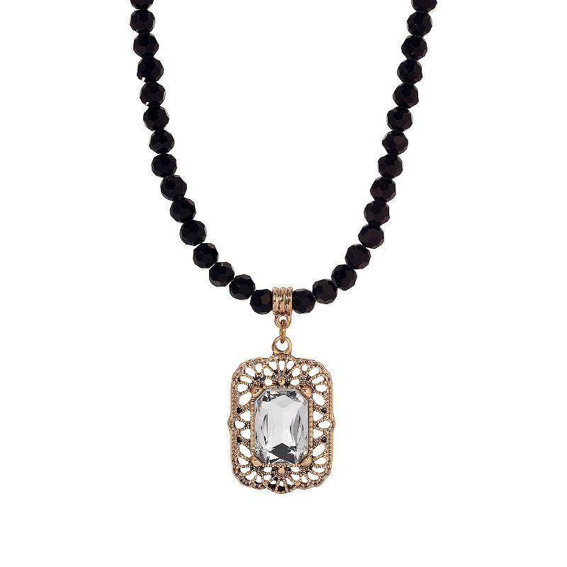 1928 Gold Tone Bead and Simulated Crystal Pendant Necklace, Womens, Black Product Image