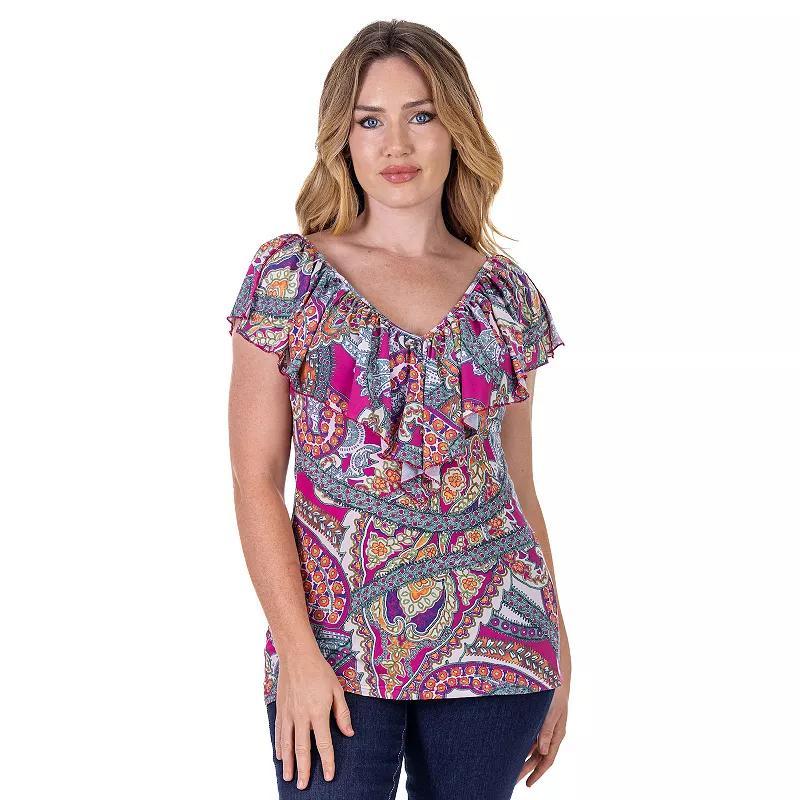 Womens 24Seven Comfort Apparel Paisley Print Ruffle V Neck Top Product Image