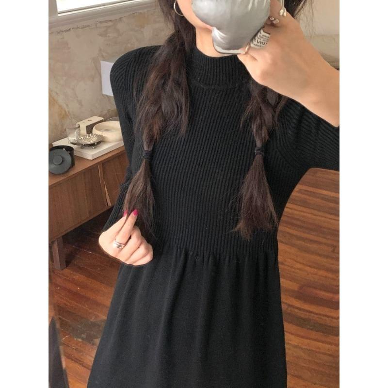 Long-Sleeve Mock Neck Plain Knit Midi A-Line Dress Product Image