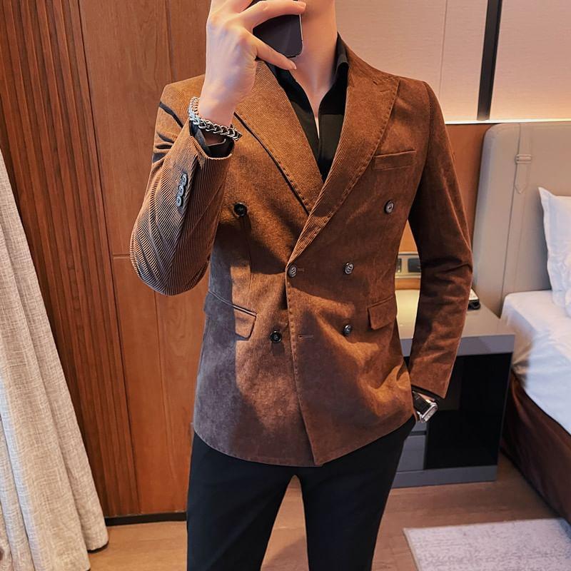 Peak Lapel Plain Corduroy Double Breasted Blazer Product Image