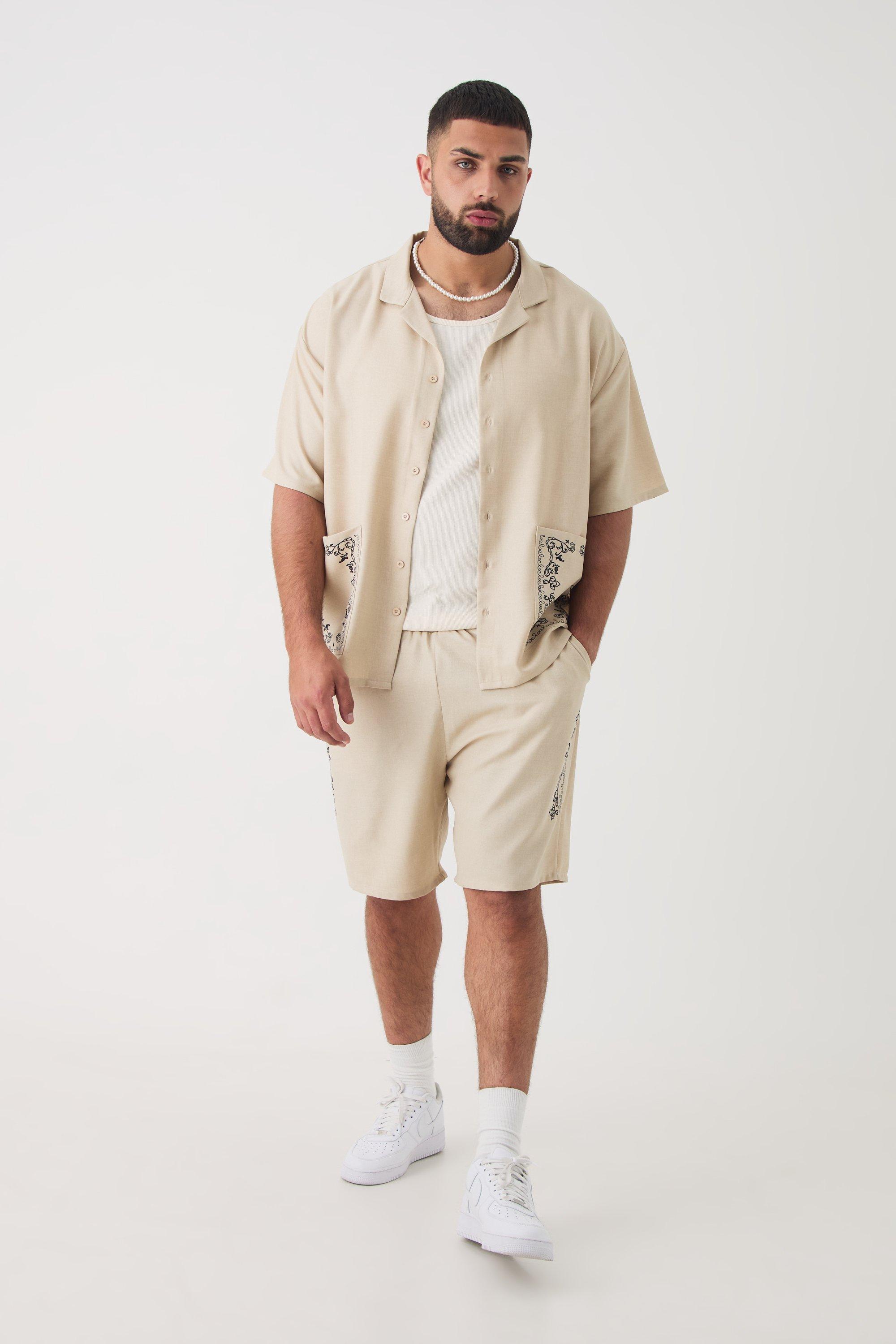 Plus Pocket Detail Smart Linen Look Shirt & Short Set | boohooMAN USA product image