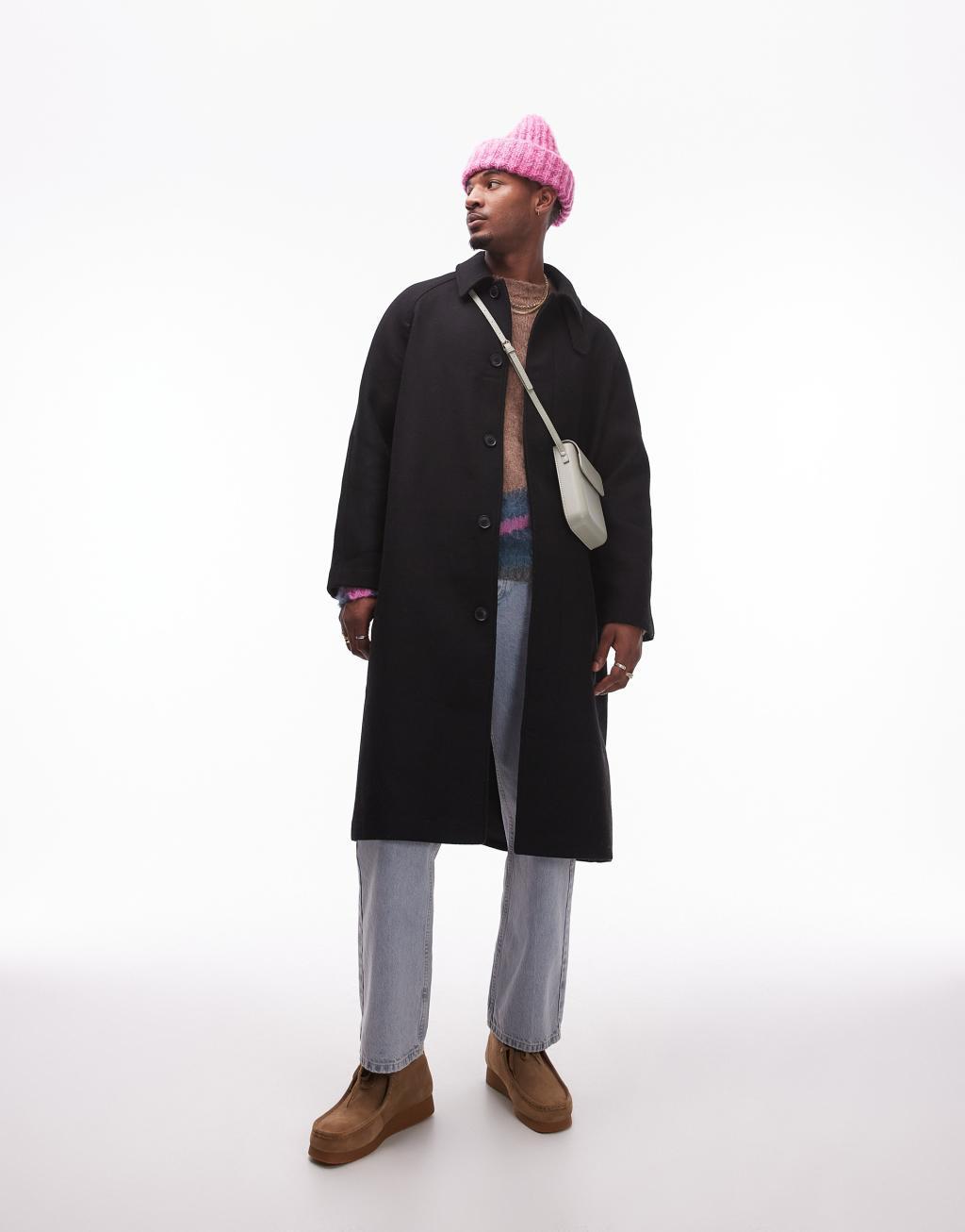 Topman car coat with wool in black Product Image